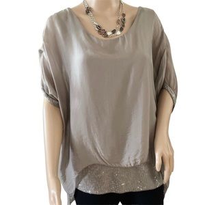 NTbyAmati  Silk Taupe Top w Sequin Embellishment One Size  Made in Italy